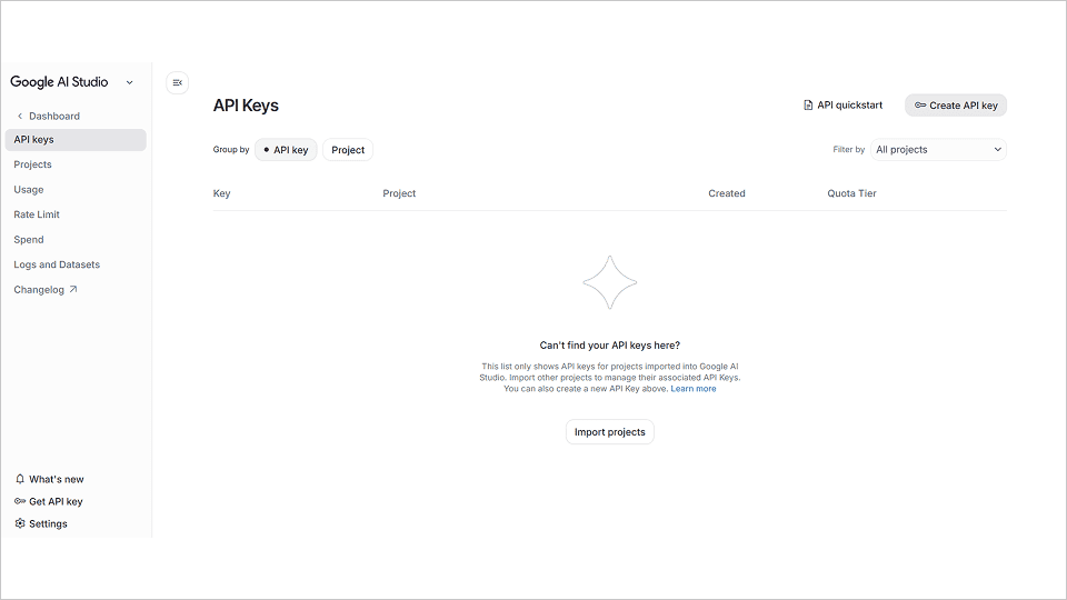 Кнопка Get API key в Google AI Studio для создания ключа Gemini