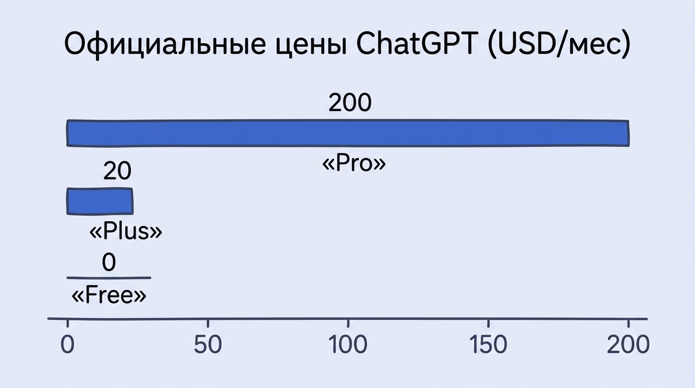 Столбчатая диаграмма с тремя колонками: Free — 0 долларов, Plus — 20 долларов, Pro — 200 долларов