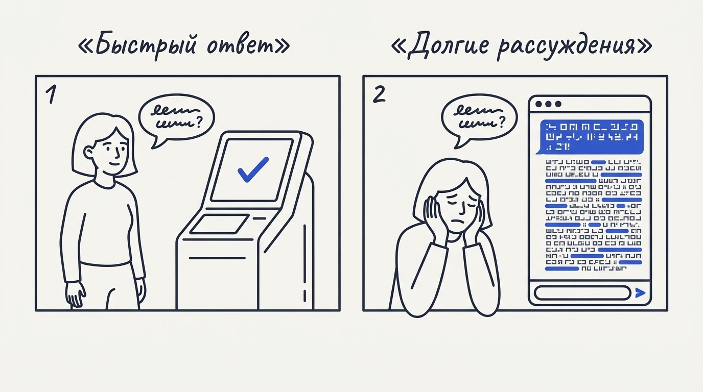 Комикс из двух панелей: терминал выдает зеленую галочку на вопрос о спаме, а чат-бот отвечает огромным блоком текста.