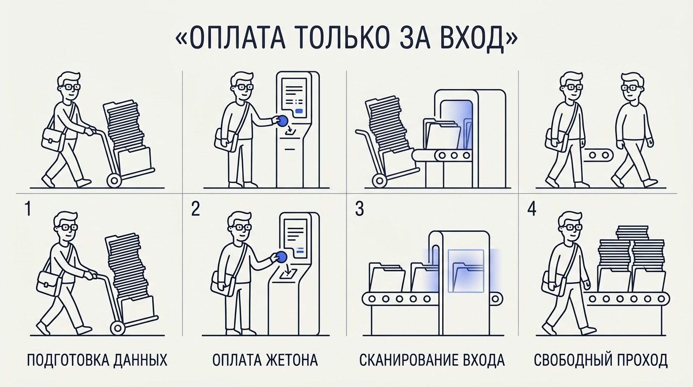 Пропускной пункт: девушка кидает мелкую монету, в то время как огромная стопка папок бесплатно проезжает через сканер.
