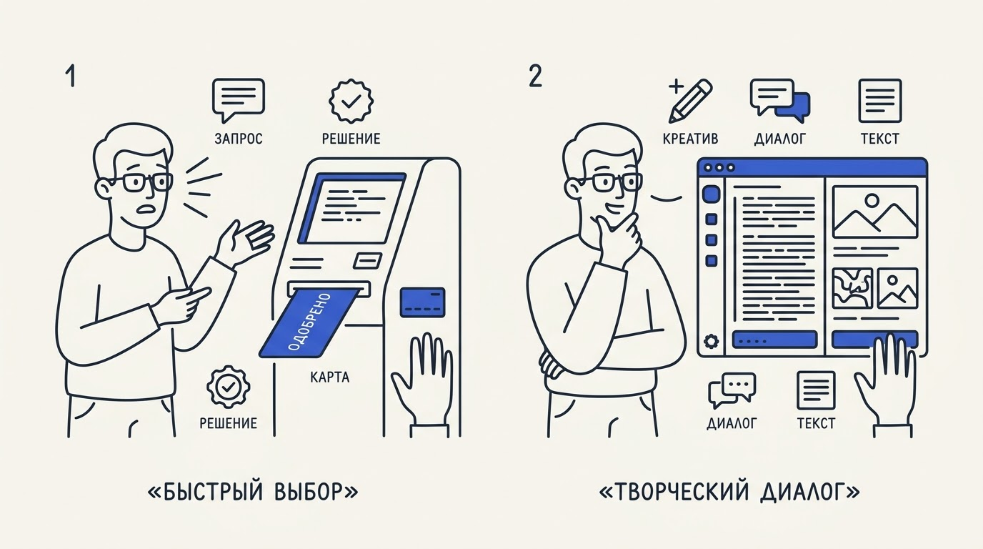 Комикс из двух панелей: зеленый терминал выдает быстрое решение, а сложный чат-бот медленно печатает рассказ и создает картинки.