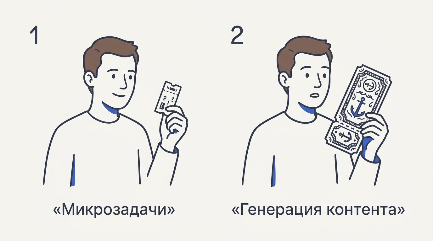 В одной руке лежит дешевый автобусный билет для микрозадач, а в другой — дорогой пропуск на круиз, символизирующий затратную генерацию.
