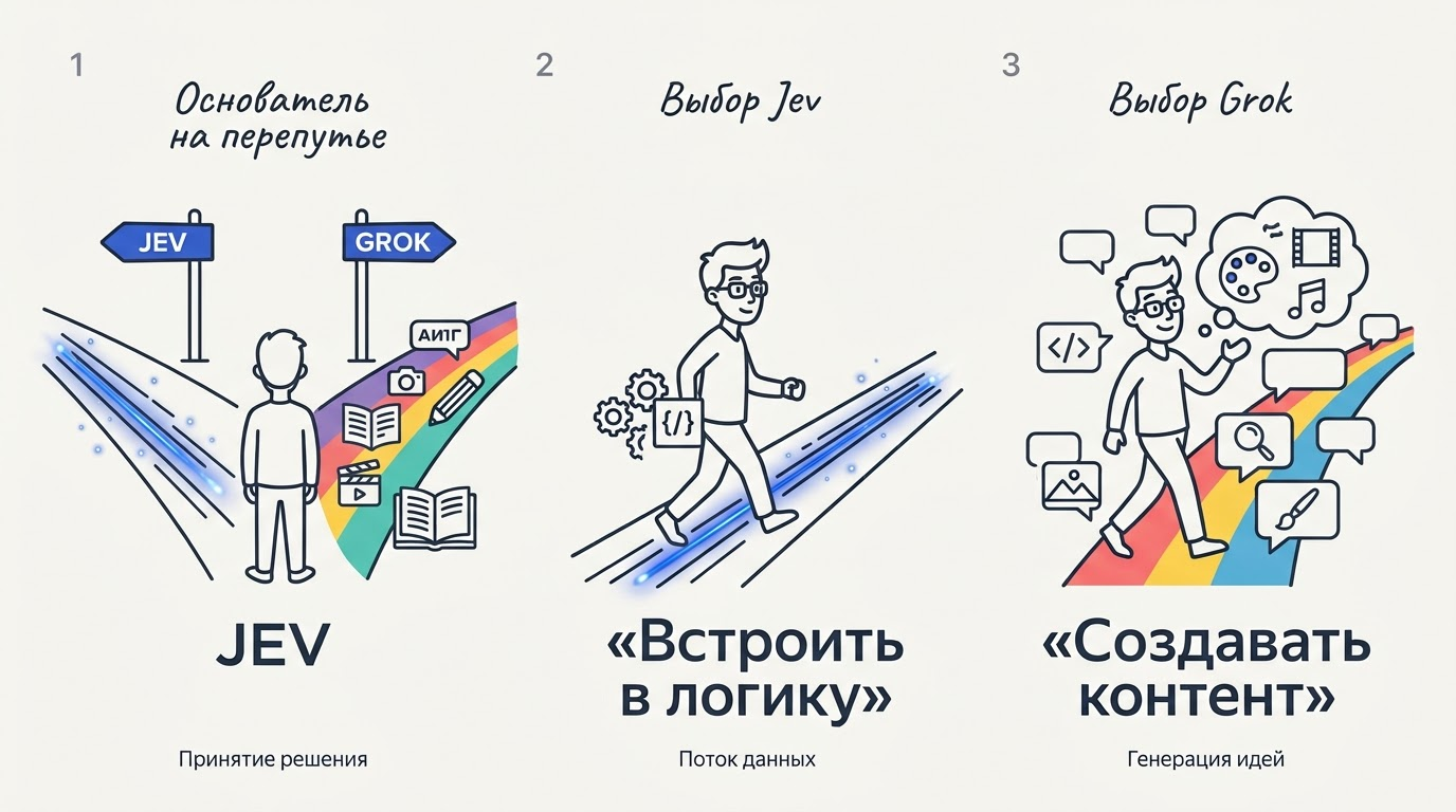 Человек на перепутье: левая дорога — прямая скоростная оптоволоконная линия, правая — широкая цветная трасса с пузырями текста.