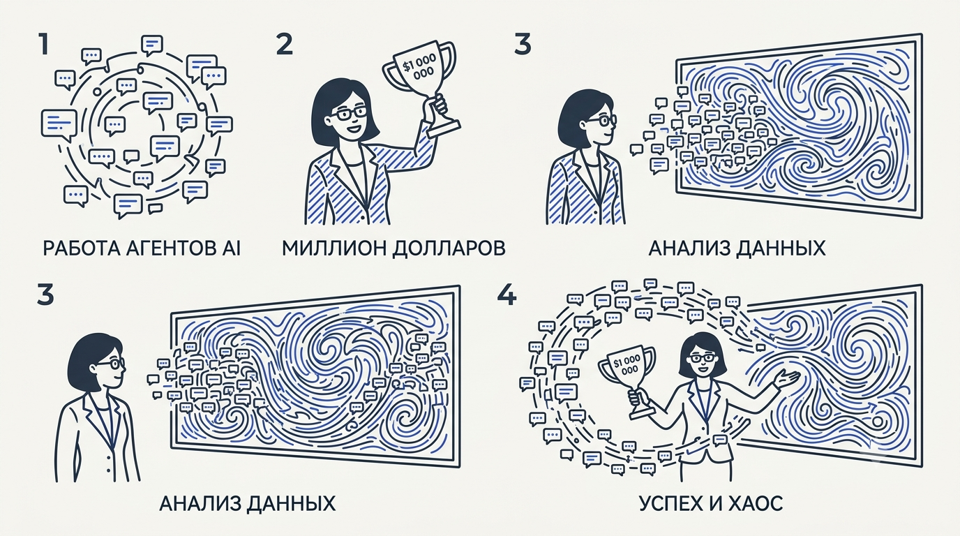 Женщина в бирюзовом пиджаке держит трофей с надписью $1 000 000 на фоне огромной симуляции завихрений жидкости, вокруг неё тысячи иконок чат-пузырей