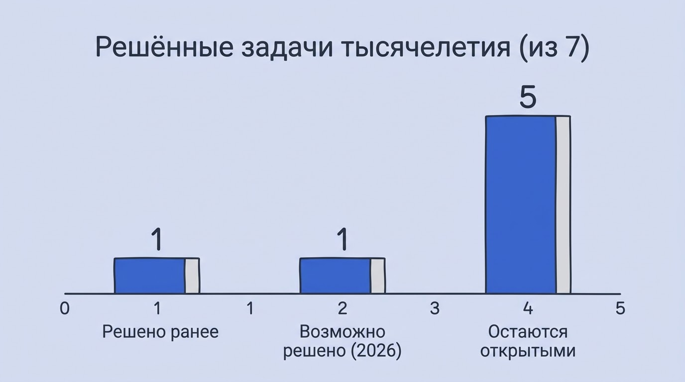 Столбчатая диаграмма на мониторе: нерешённые и решённые задачи тысячелетия, одна колонка подсвечена как новое достижение