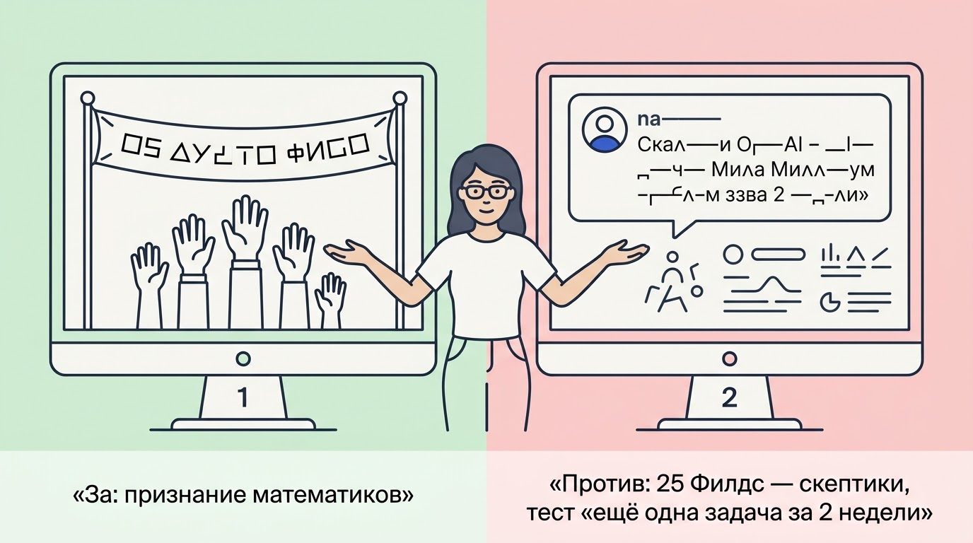 Сравнительный экран: слева зелёный баннер с 25 лауреатами Филдса и поднятыми руками, справа красный пузырь скептического комментария nairboon