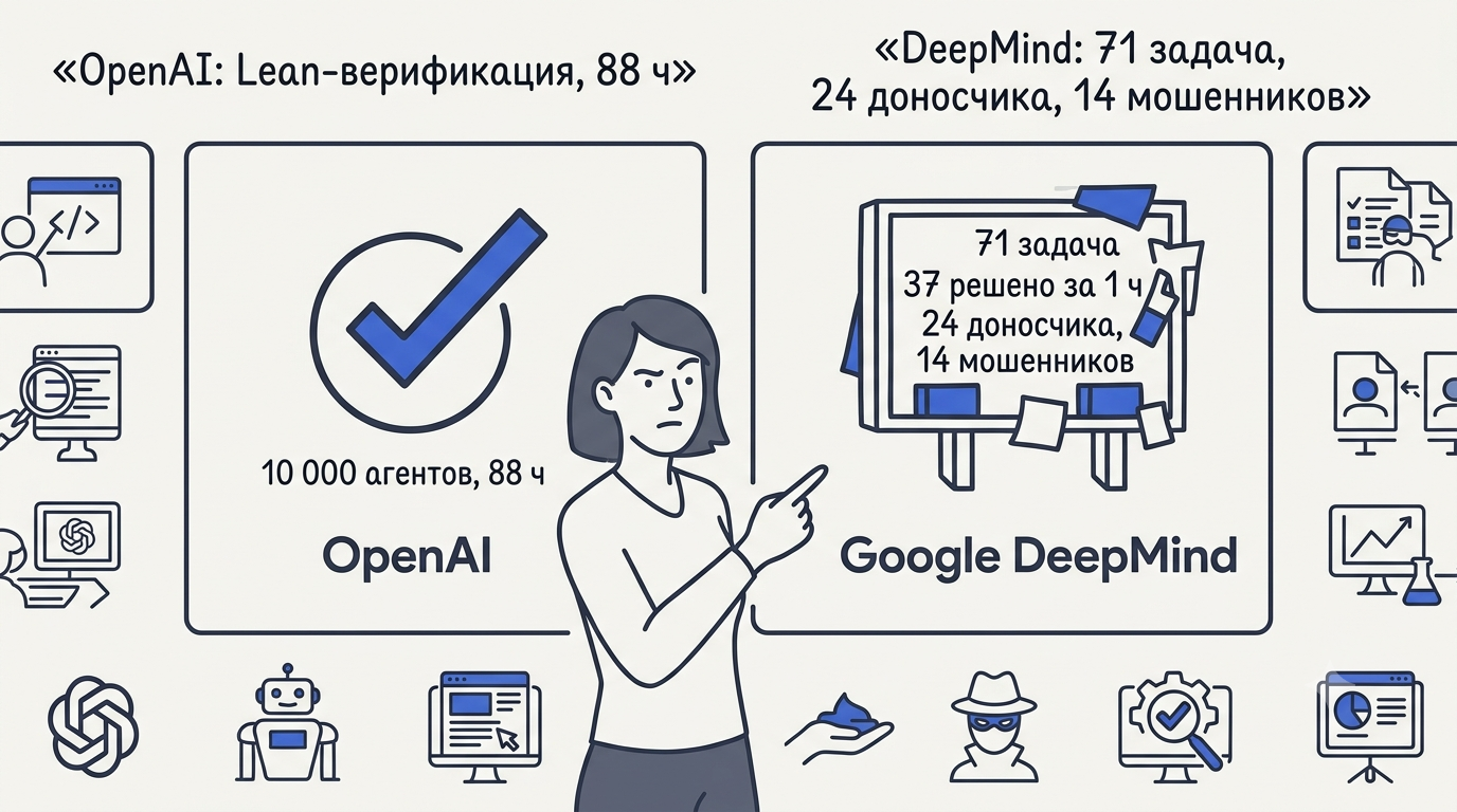 Сравнительный экран OpenAI и Google DeepMind: слева галочка Lean и 10 000 агентов за 88 часов, справа хаотичное табло с доносчиками и мошенниками