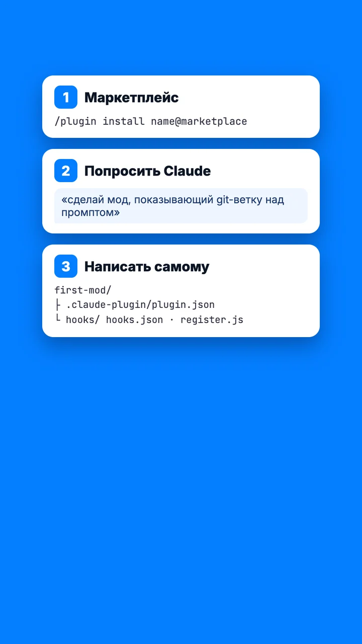 Три способа получить мод: маркетплейс, попросить Claude, написать самому из трёх файлов