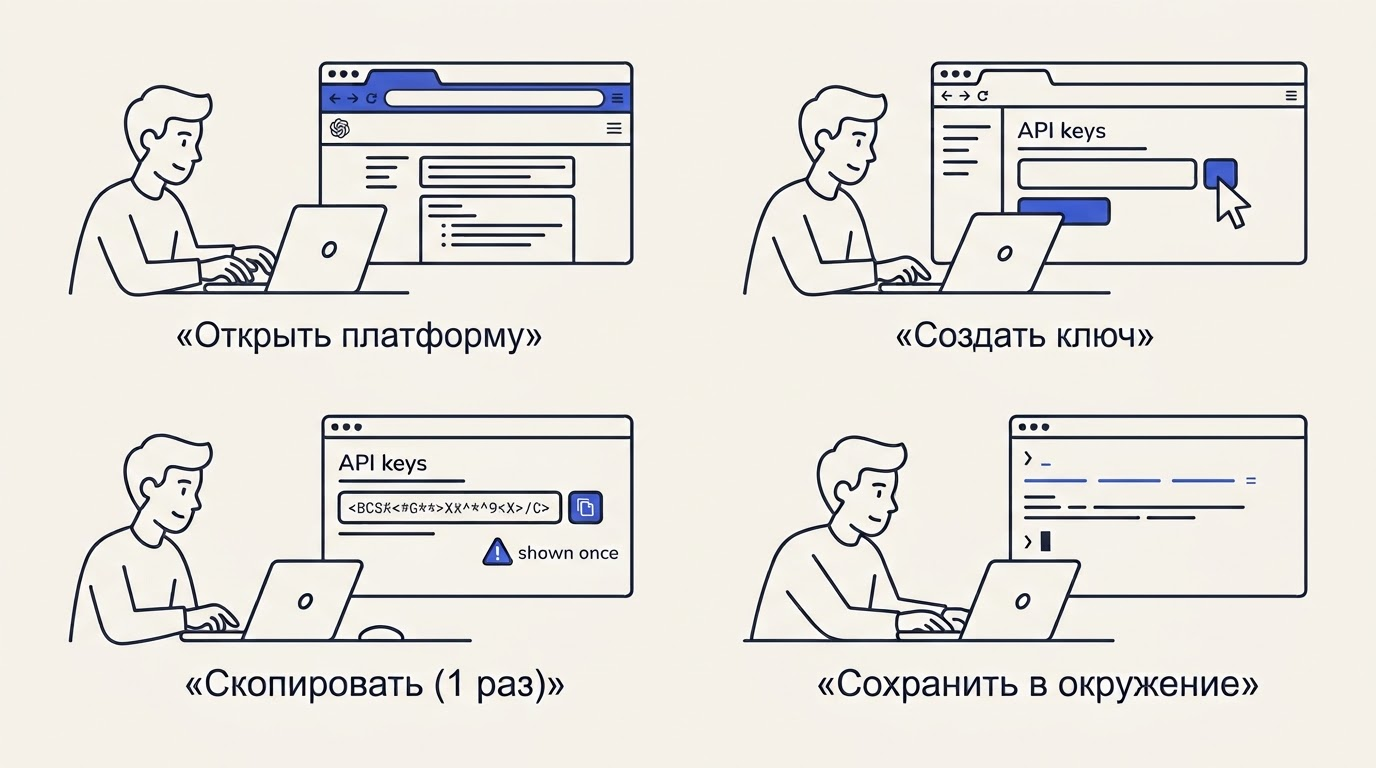Четырёхшаговая схема: браузер с platform.openai.com, кнопка Create secret key, предупреждение об однократном показе, терминал с OPENAI_API_KEY