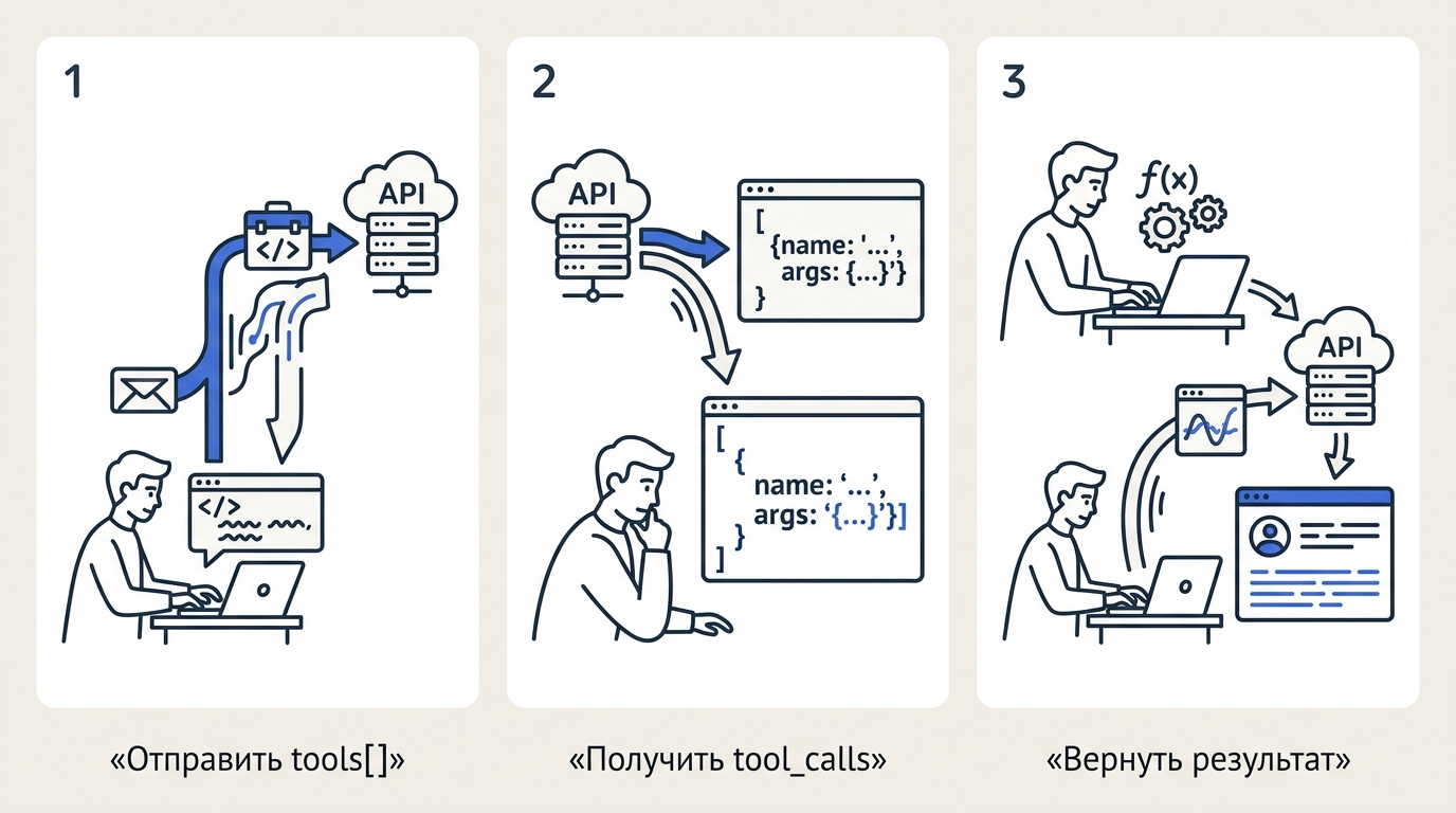 Горизонтальный трёхшаговый поток: запрос с массивом tools, ответ API с tool_calls и JSON-аргументами, повторный запрос с результатом и финальный ответ