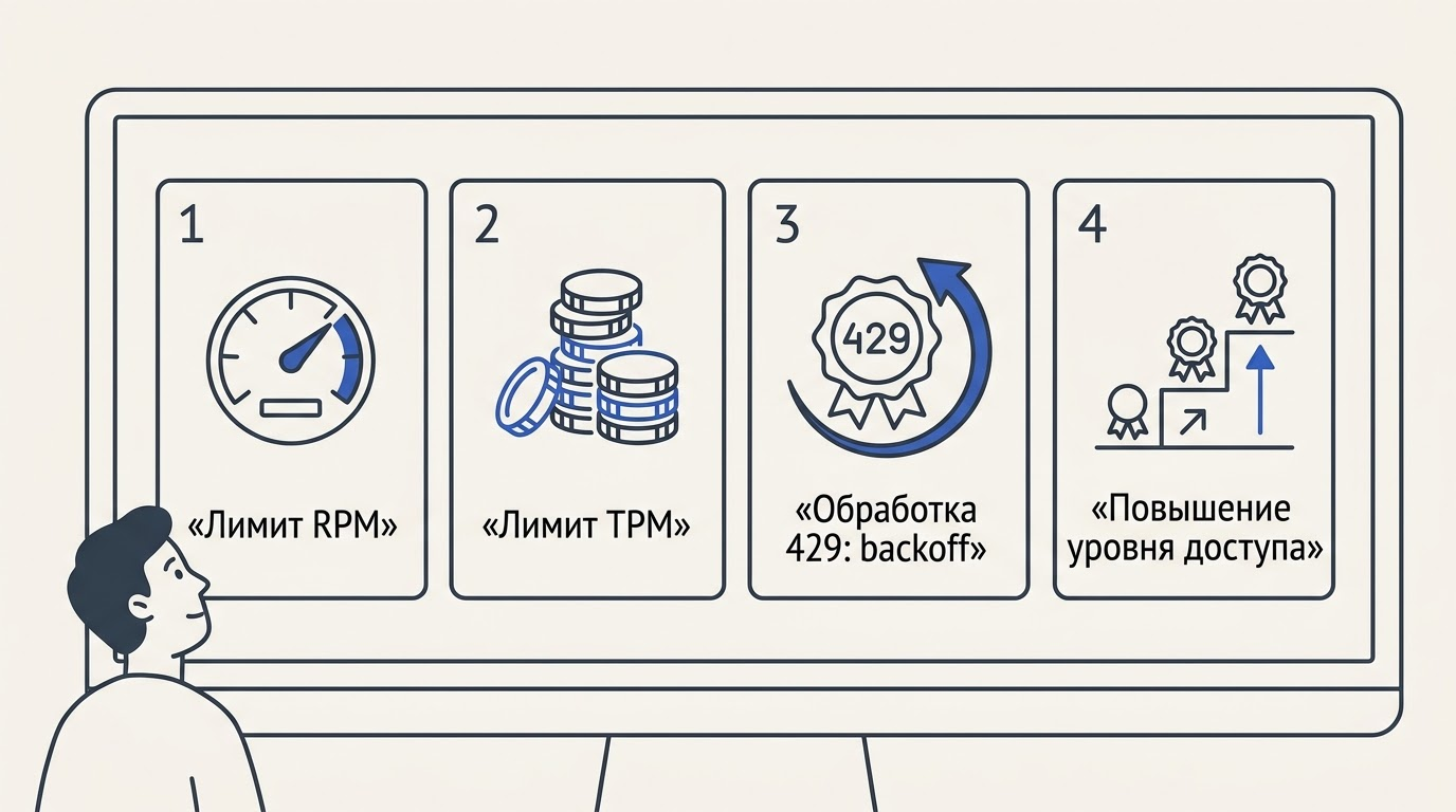 Чеклист из четырёх пунктов с иконками: спидометр RPM, стопка монет TPM, значок 429 со стрелкой повтора, тир-бейдж с уровнями доступа на большом