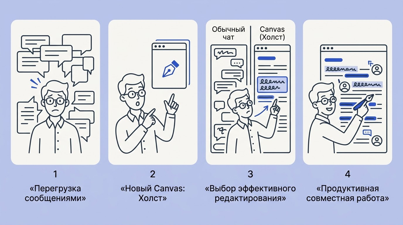 Экран разделён на две части: слева лента чат-пузырей с подписью Обычный чат, справа панель редактора с выделенными фрагментами и тулбаром Canvas