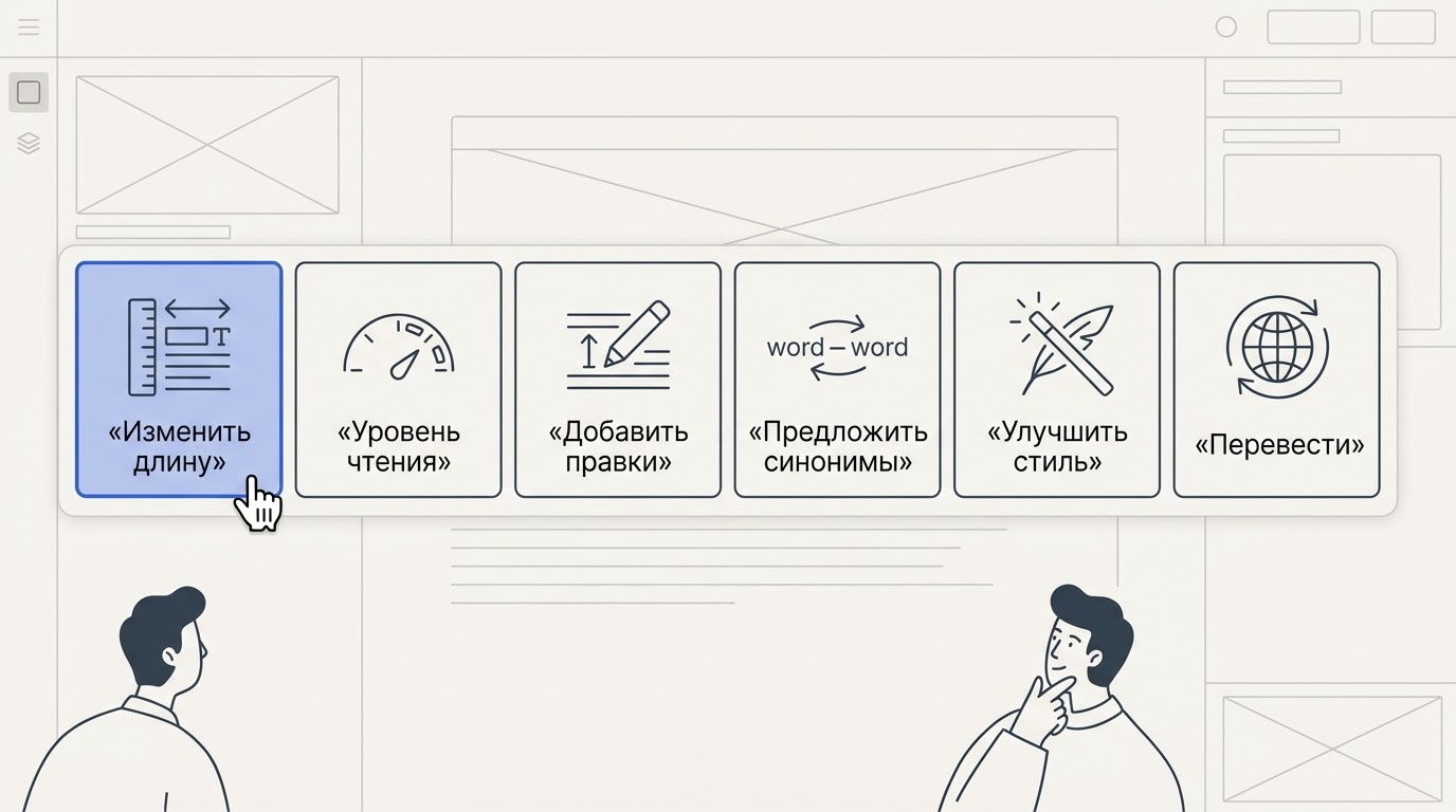 Плавающий тулбар в редакторе Canvas с набором плиток-шорткатов: Изменить длину, Уровень чтения, Финальная полировка и другие