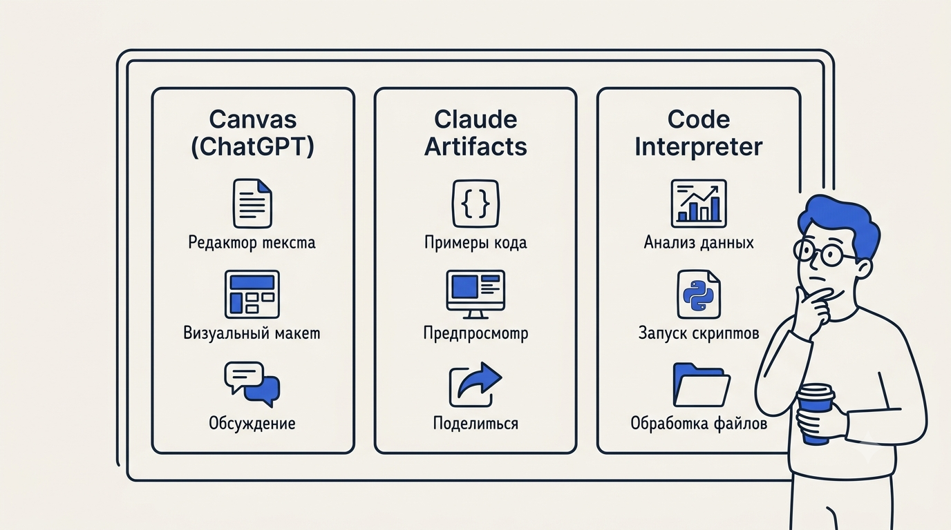 Три карточки сравнения на экране: Canvas ChatGPT, Claude Artifacts и Code Interpreter — каждая с перечнем ключевых возможностей