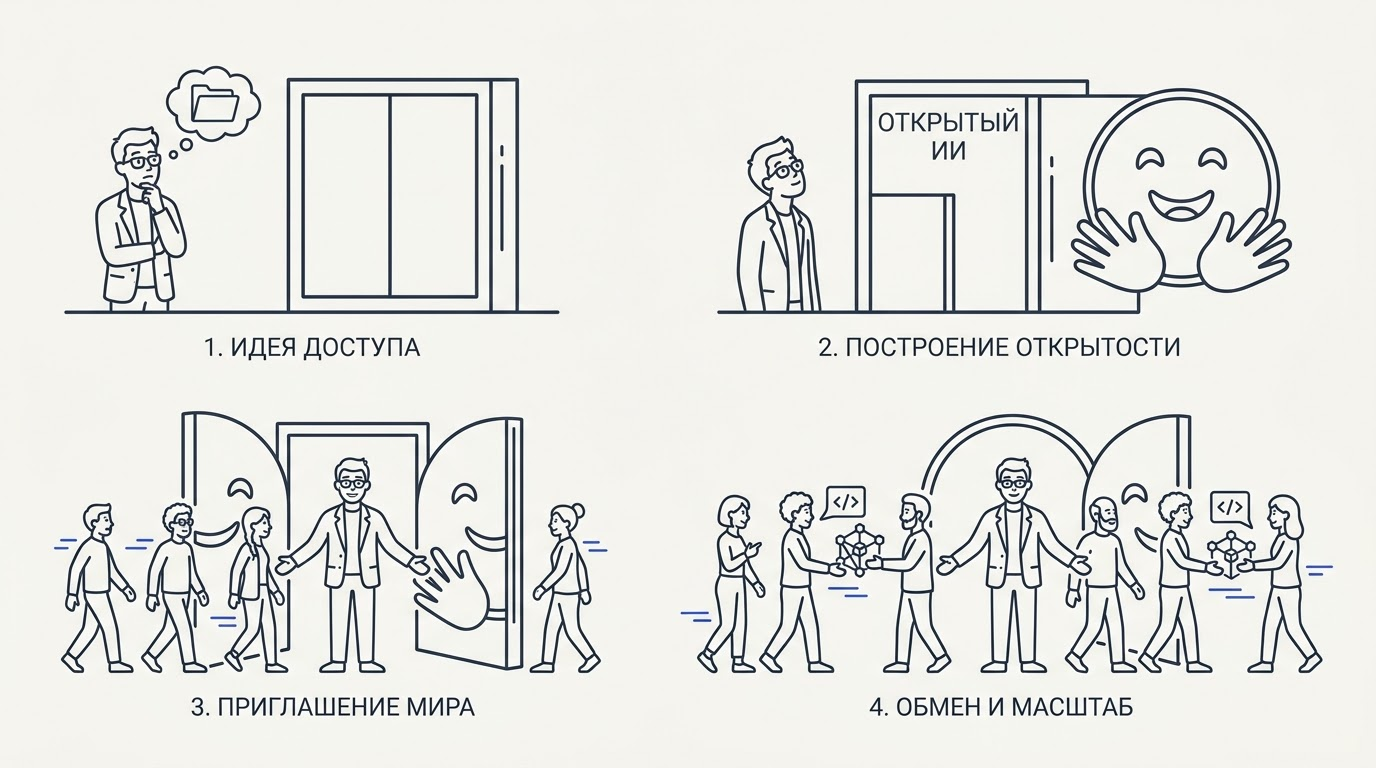 Мужчина в пиджаке стоит у огромной открытой двери в форме смайлика Hugging Face, сквозь которую входят разработчики со всего мира