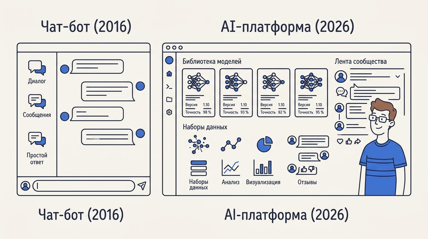 Разделённый экран: слева интерфейс чат-бота 2016 года, справа панель разработчика с карточками моделей и датасетами 2026 года