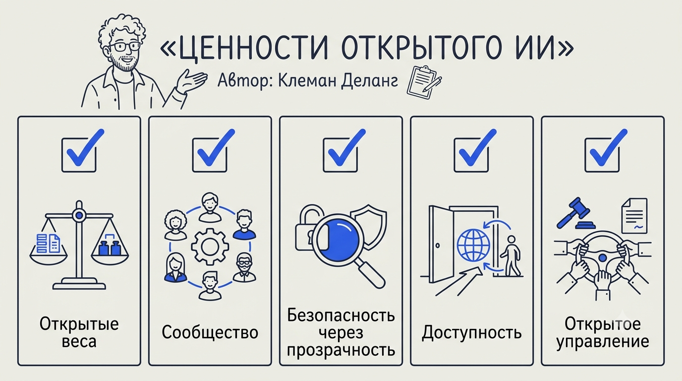 Сетка иллюстрированных пунктов чеклиста с иконками: открытые веса, совместная работа сообщества, безопасность через прозрачность, доступность
