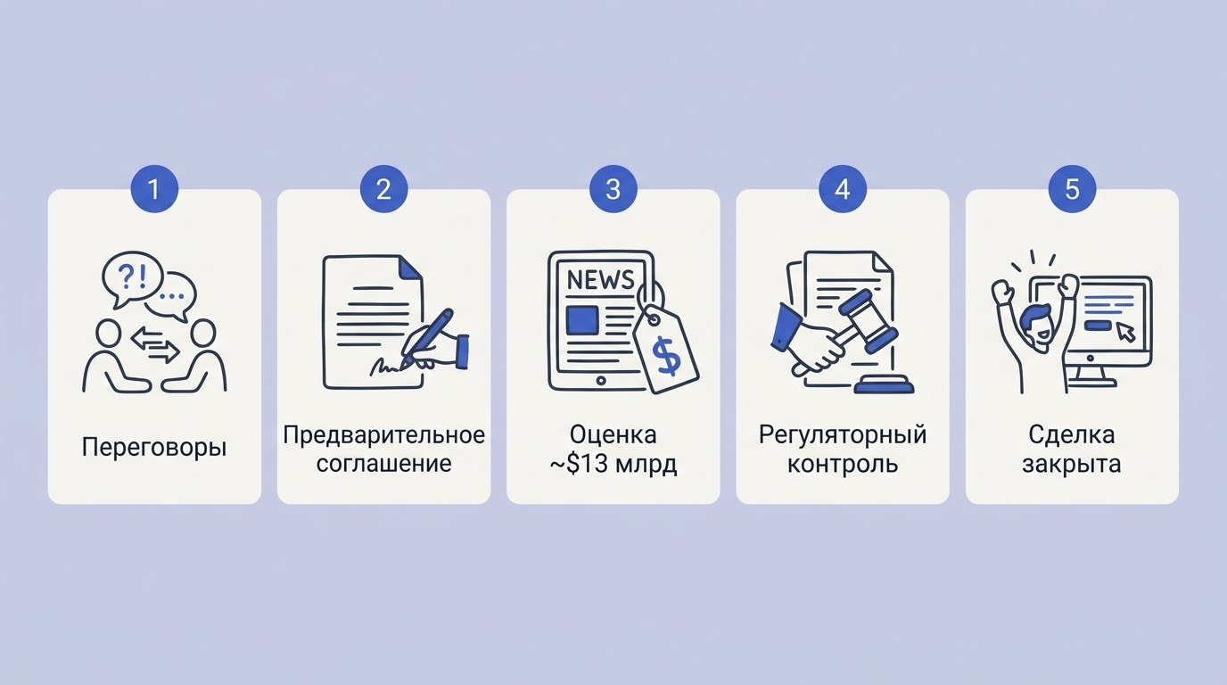 Блок-схема слева направо: слухи о сделке, подписание term sheet, публикация Bloomberg с оценкой 13 млрд, регуляторная проверка, закрытие сделки
