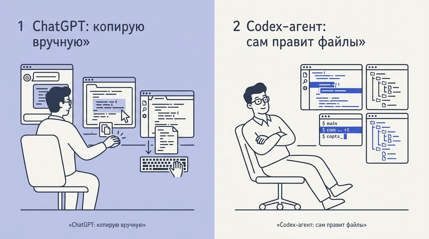 Разделённый экран: слева разработчик вручную копирует код из чата ChatGPT, справа редактор и терминал обновляются автоматически с зелёными галочками
