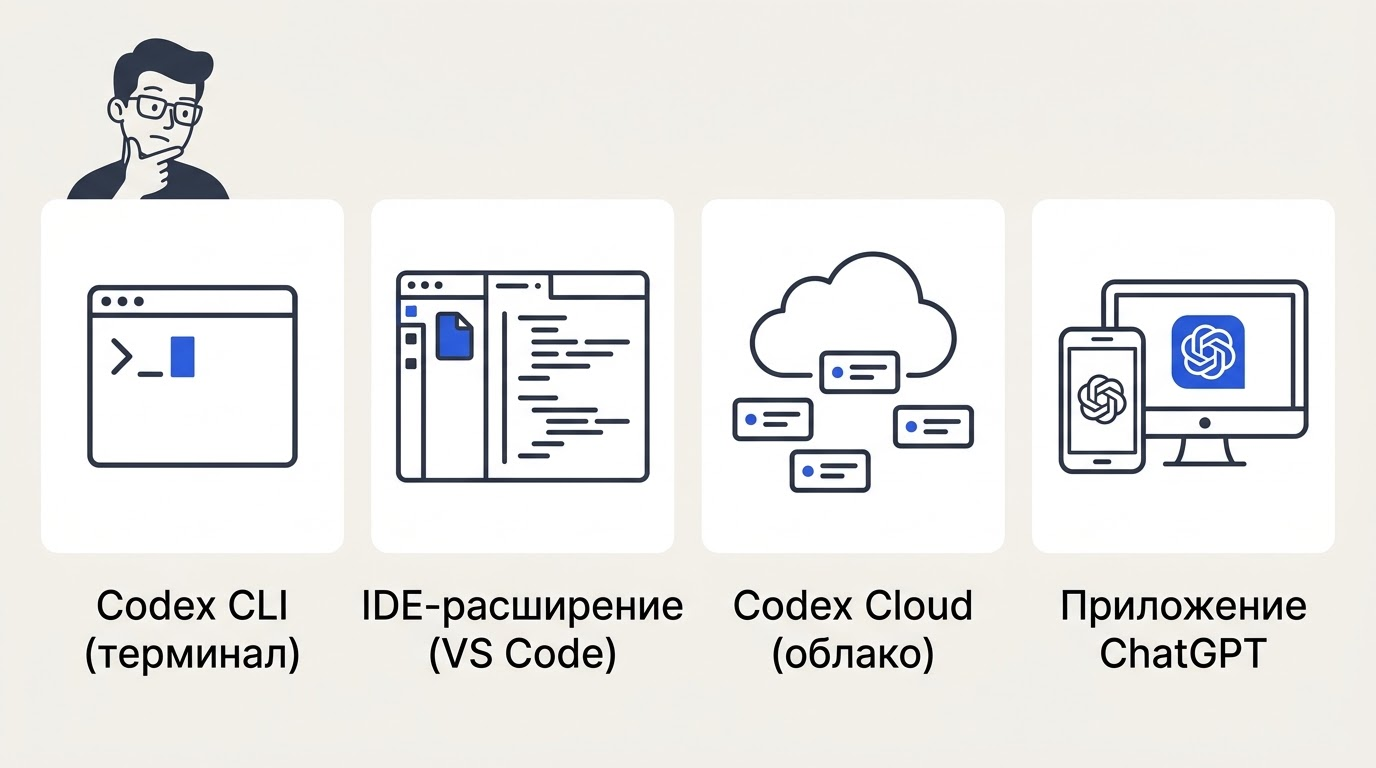 Четыре плитки с иконками: терминал с курсором, VS Code с боковой панелью, облако с карточками задач, значок приложения ChatGPT на телефоне и десктопе