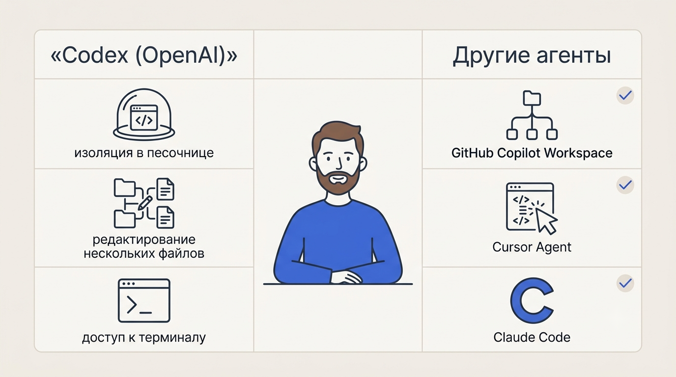 Сравнительная карточка: колонка Codex с преимуществами sandbox и мультифайловых правок, колонка других агентов с GitHub Copilot Workspace, Cursor