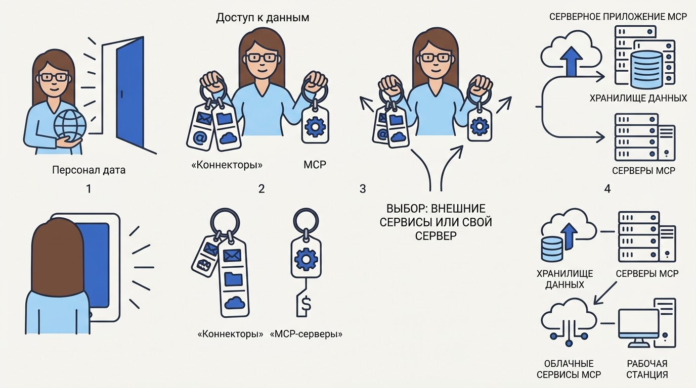 Женщина держит две связки ключей: одна с иконками сервисов подписана Коннекторы, другая с шестерёнкой подписана MCP, на фоне светящегося дверного