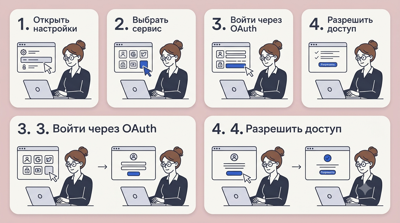 Схема из четырёх пронумерованных карточек слева направо, показывающая шаги подключения коннектора; женщина следует им в браузере