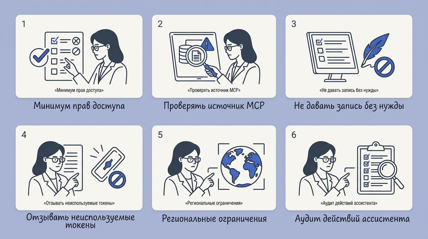 Чеклист безопасности с иконками предупреждений и галочек, женщина изучает список на экране