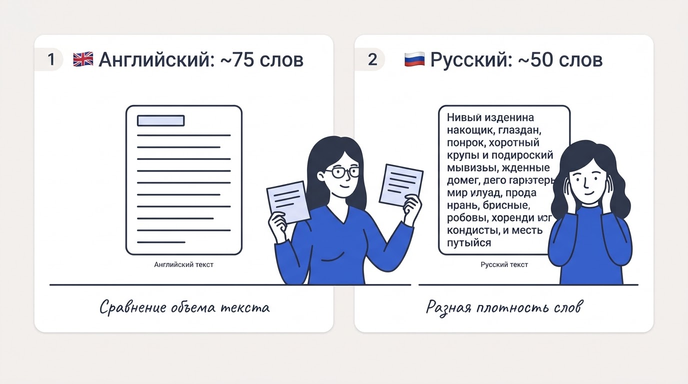 Сравнение двух текстовых блоков: слева 100 токенов в виде английского текста примерно из 75 слов, справа те же 100 токенов в виде более плотного