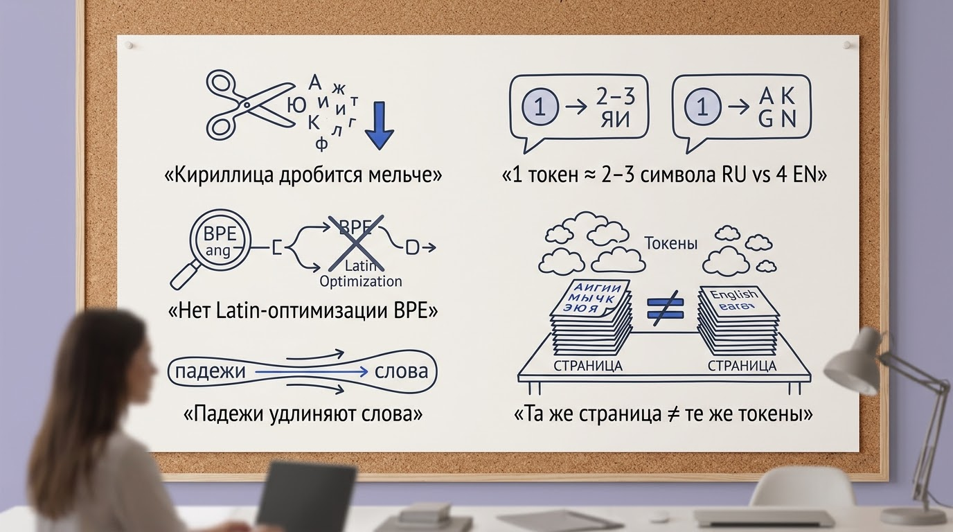 Чеклист-постер на пробковой доске с иконками и подписями о причинах повышенного расхода токенов для русского текста, размещёнными в двух колонках