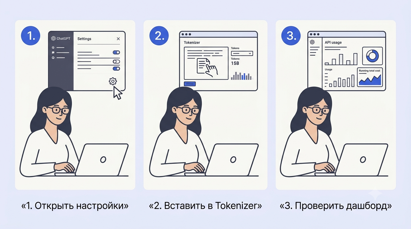 Трёхшаговая горизонтальная схема на экране ноутбука: открытие настроек ChatGPT, вставка текста в Tokenizer OpenAI, проверка статистики в дашборде API