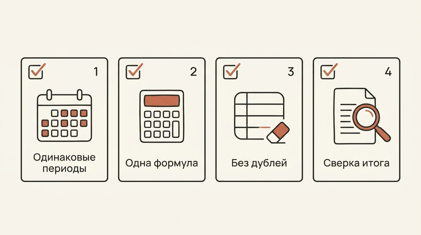 Четыре проверки: одинаковые периоды, одна формула, отсутствие дублей и сверка итога
