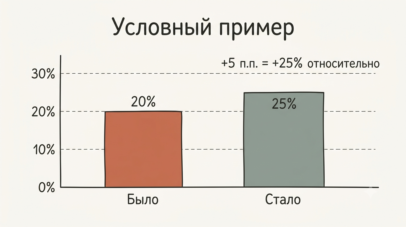 Условный пример: доля выросла с 20 до 25 процентов, на 5 процентных пунктов или на 25 процентов относительно