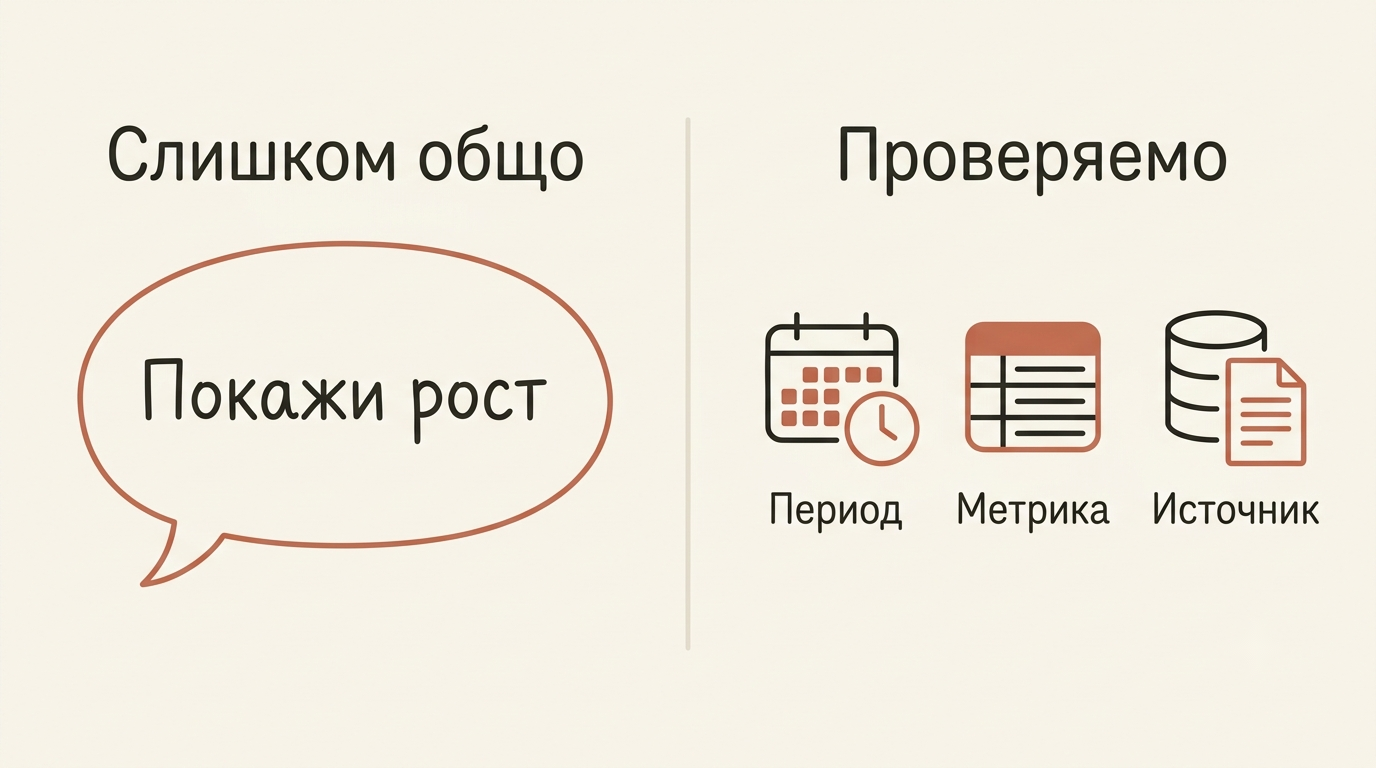 Сравнение общего запроса Покажи рост с уточнением периода, метрики и источника