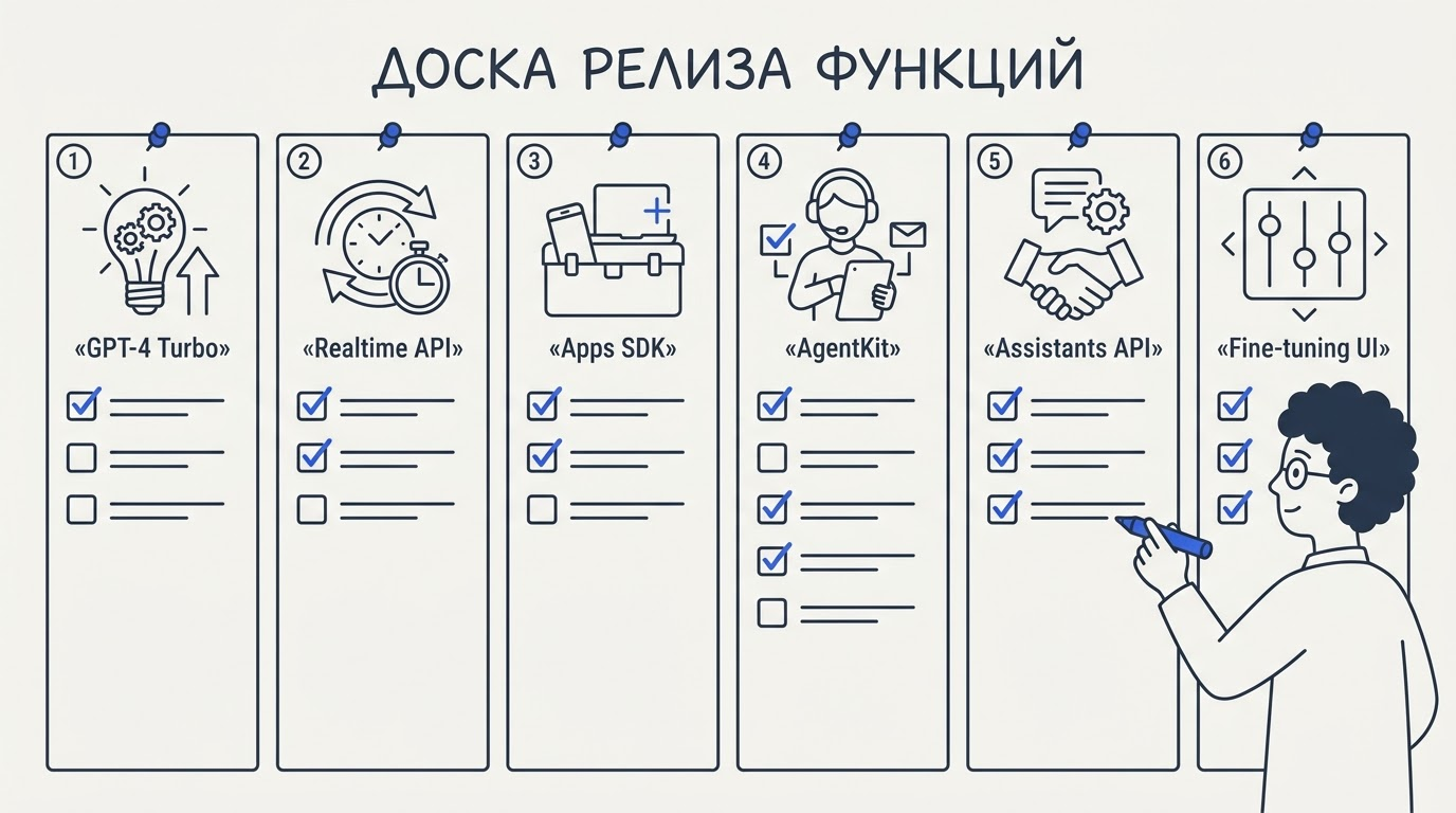 Сетка карточек-чеклиста на виртуальной доске с иконками инструментов OpenAI: Apps SDK, AgentKit, Realtime API, Assistants API, ChatKit, Codex