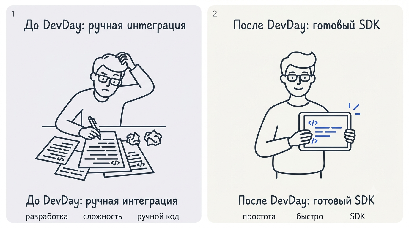 Сравнение до и после DevDay: слева разработчик вручную пишет интеграционный код с растерянным видом, справа тот же разработчик улыбается, вызвав SDK