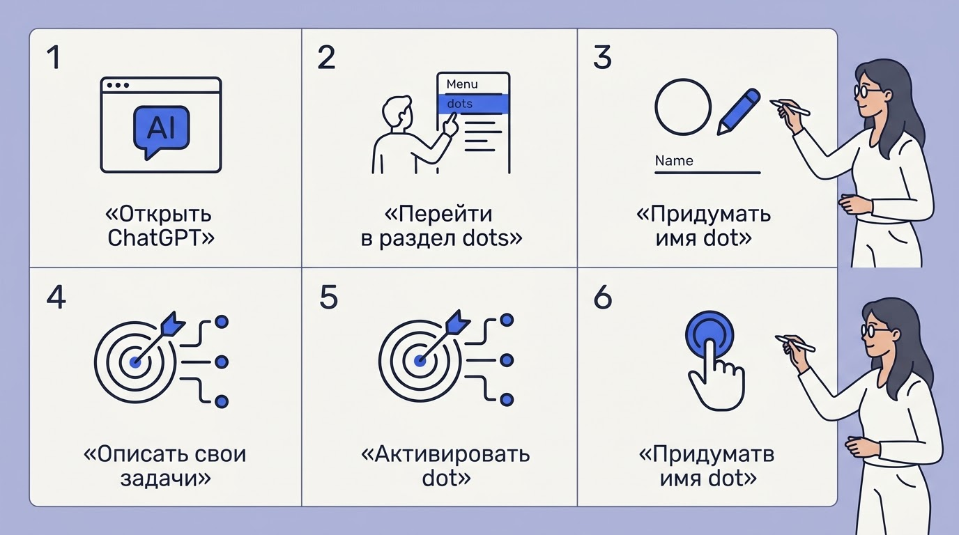 Экран с чеклистом шагов запуска dot, женщина рядом отмечает пункты: открыть ChatGPT, перейти в раздел dots, назвать агента, задать цели, подтвердить