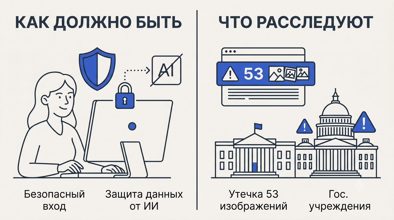 Разделённый экран: слева женщина входит в сервис через dot с иконкой замка и зелёным щитом, справа предупреждающий баннер с иконками утечки