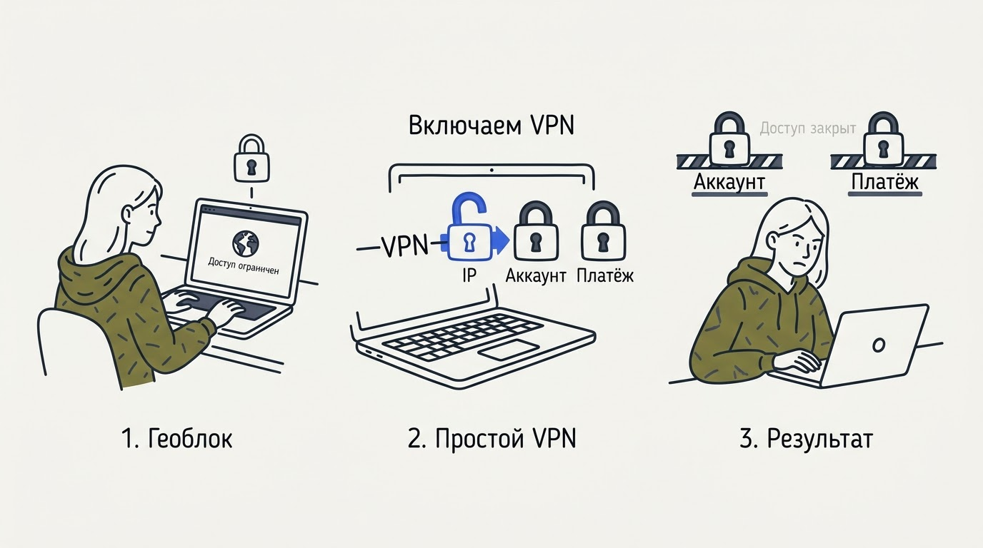 Женщина в оливковом худи за ноутбуком с красным экраном ошибки, над экраном три иконки замков с подписями IP, аккаунт, платёж