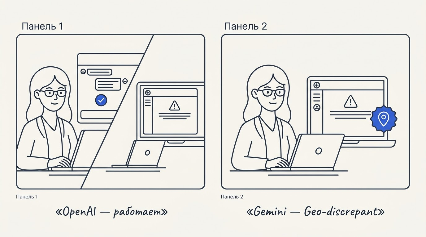 Разделённый экран: слева успешный чат OpenAI с зелёной галочкой, справа ошибка Gemini с красным значком Geo-discrepant над полем IP-адреса