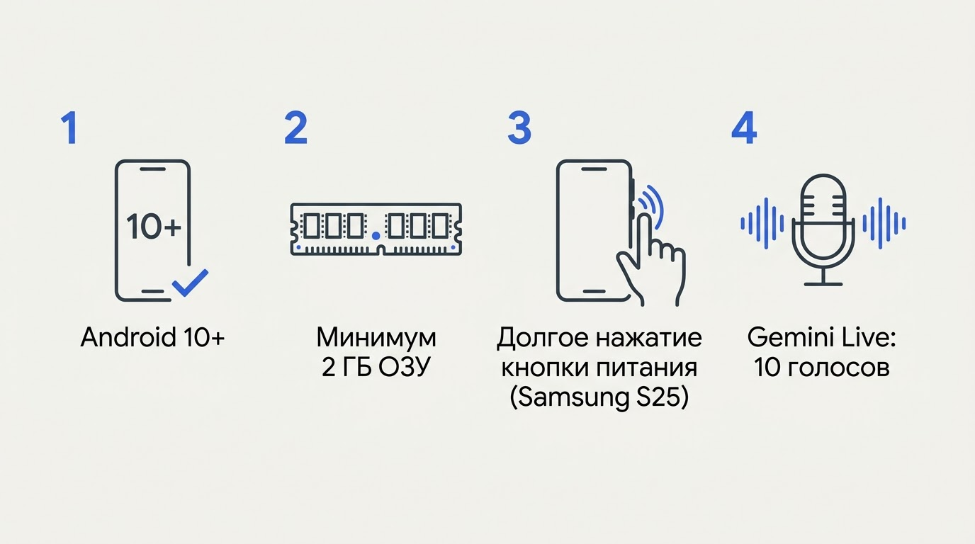 Карточка-чеклист с иконками: смартфон Android 10+, чип ОЗУ 2 ГБ, жест долгого нажатия кнопки питания Samsung Galaxy S25, микрофон Gemini Live