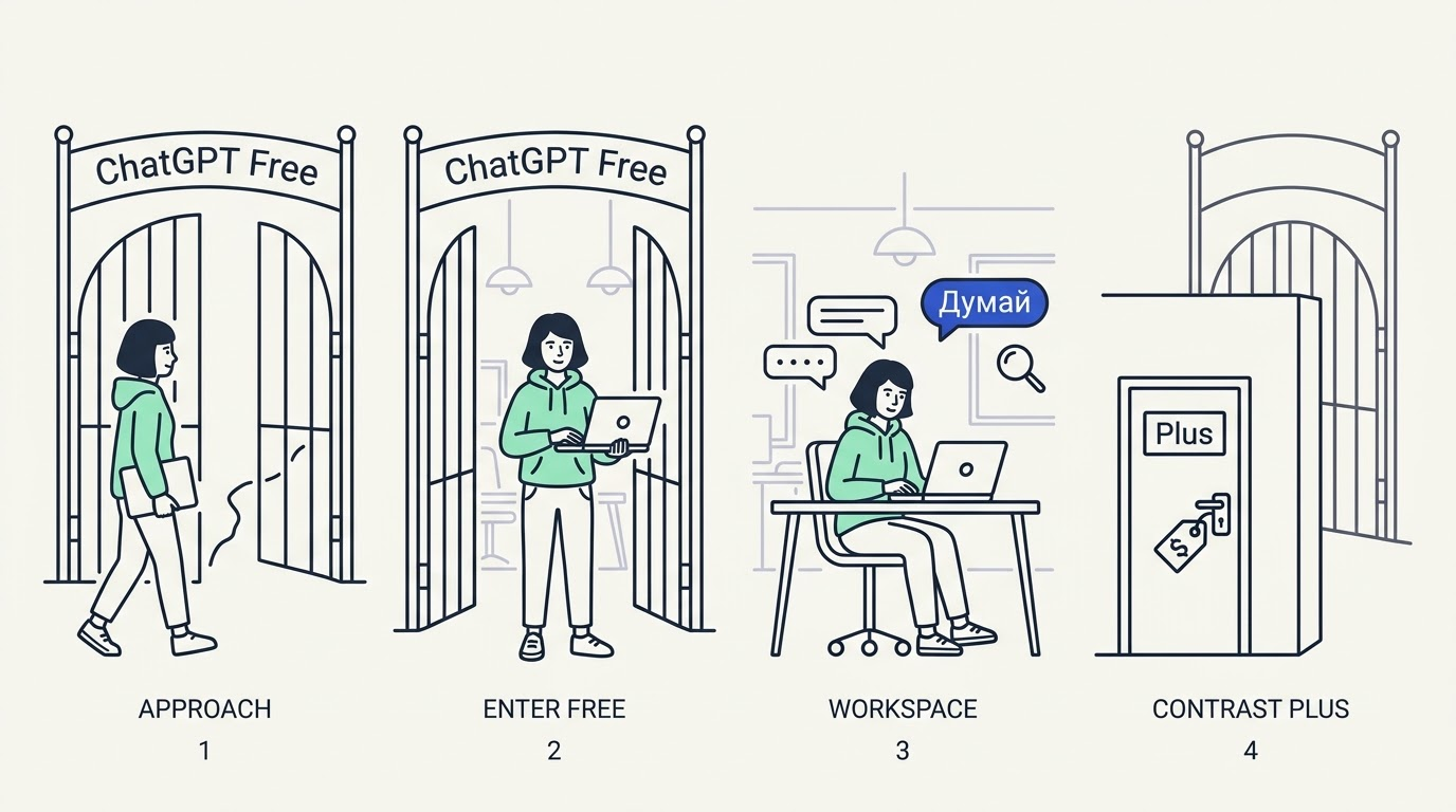 Женщина с ноутбуком перед открытыми воротами с надписью ChatGPT Free, рядом закрытая дверь Plus с ценником