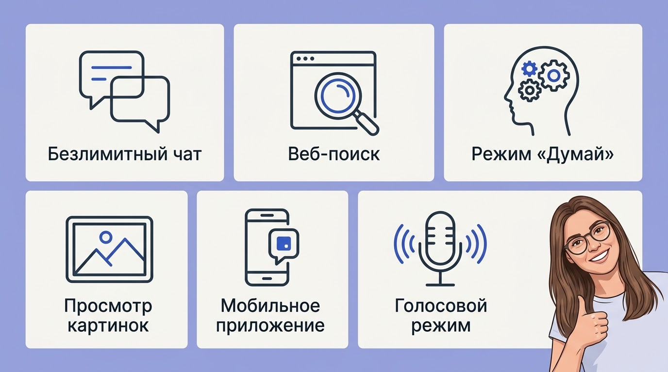 Карточки-плитки с иконками шести функций бесплатного ChatGPT, женщина в очках показывает большой палец вверх