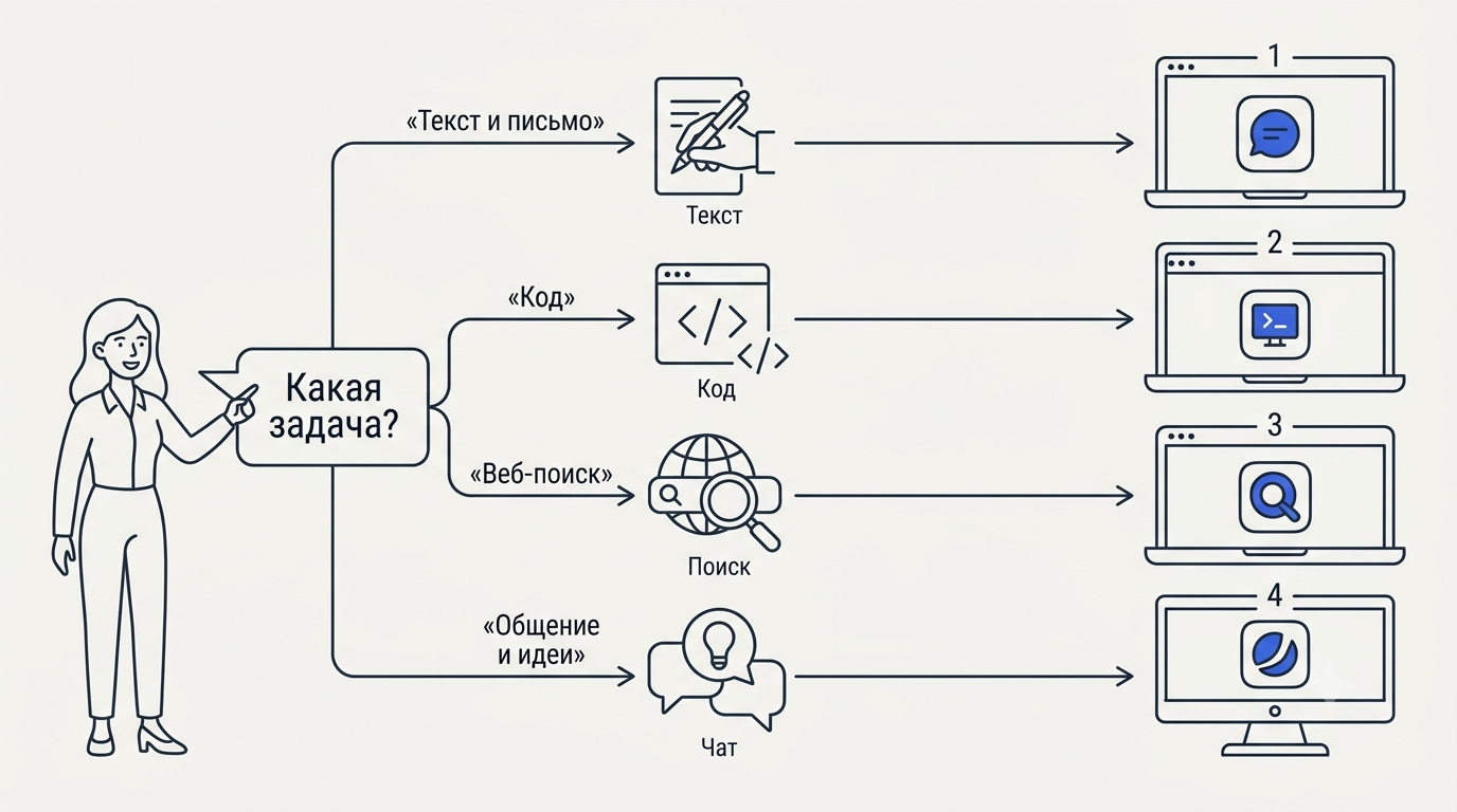 Схема выбора сервиса с центральным вопросом «Какая задача?» и четырьмя ветками к иконкам рекомендованных AI-инструментов