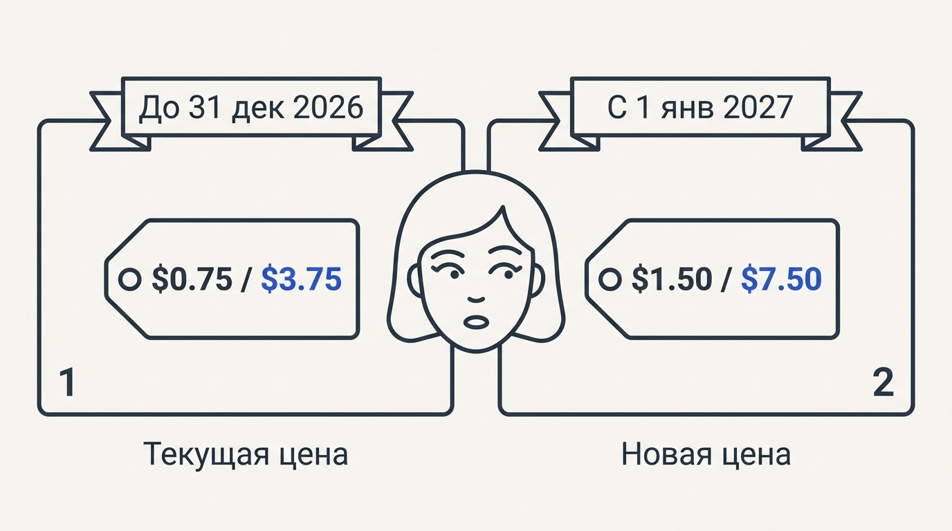 Разделённый экран: слева ценник 0,75 и 3,75 доллара с зелёной плашкой до 31 дек 2026, справа 1,50 и 7,50 с красной плашкой с 1 янв 2027
