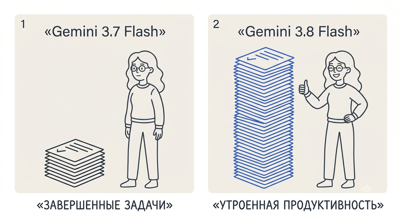 Сравнение до и после: слева маленькая стопка карточек задач с подписью 3.7 Flash, справа втрое выше стопка с подписью 3.8 Flash, женщина показывает