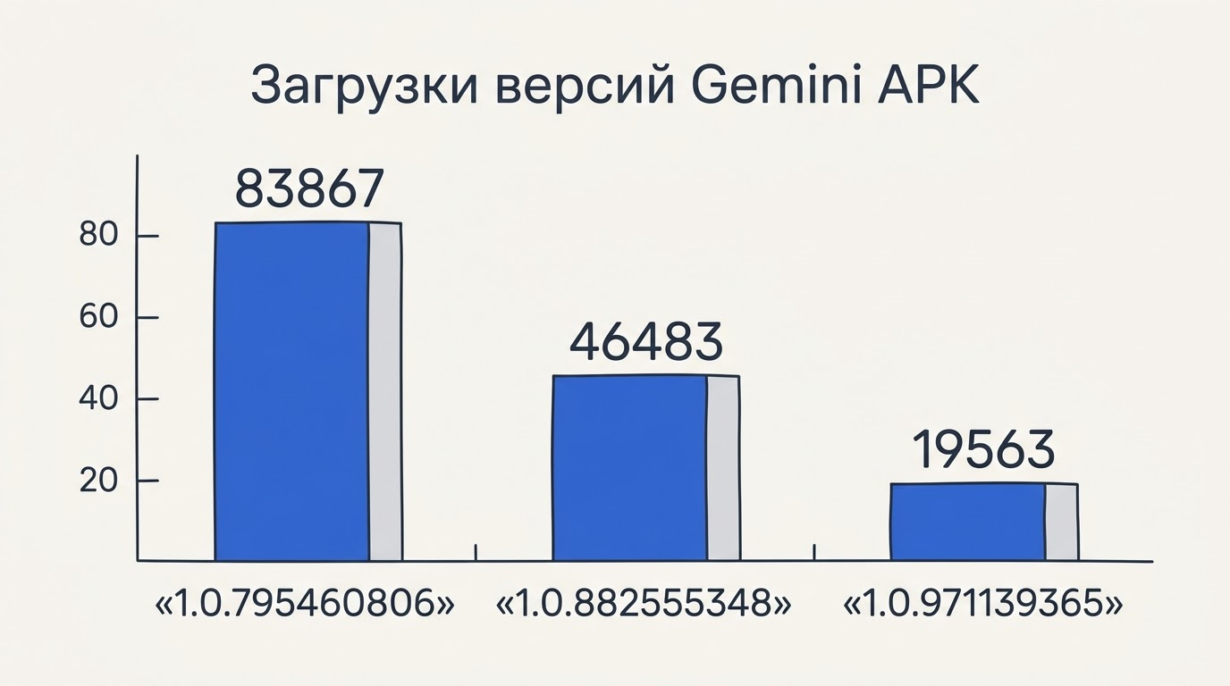 Столбчатая диаграмма на экране ноутбука: три версии Gemini APK и число их загрузок, столбцы окрашены в фирменные цвета Google