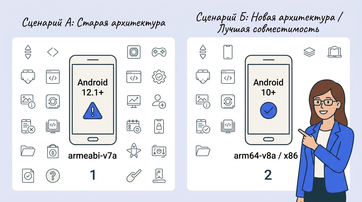 Два телефона в сравнении: левый с меткой armeabi-v7a показывает Android 12.1+ и значок предупреждения, правый с arm64-v8a показывает Android 10+