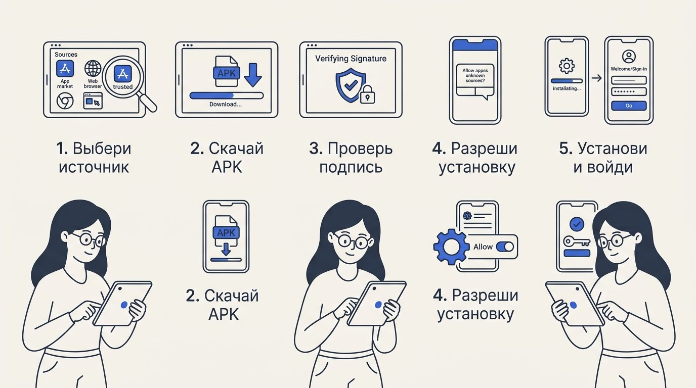 Горизонтальная пошаговая инфографика с пятью пронумерованными иконками: каждый шаг сопровождается миниатюрой интерфейса смартфона