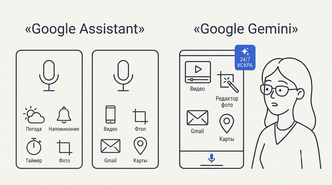 Карточка сравнения: слева Google Assistant с иконкой микрофона и простым интерфейсом, справа Gemini с иконками видео, Gmail, Maps и значком Gemini